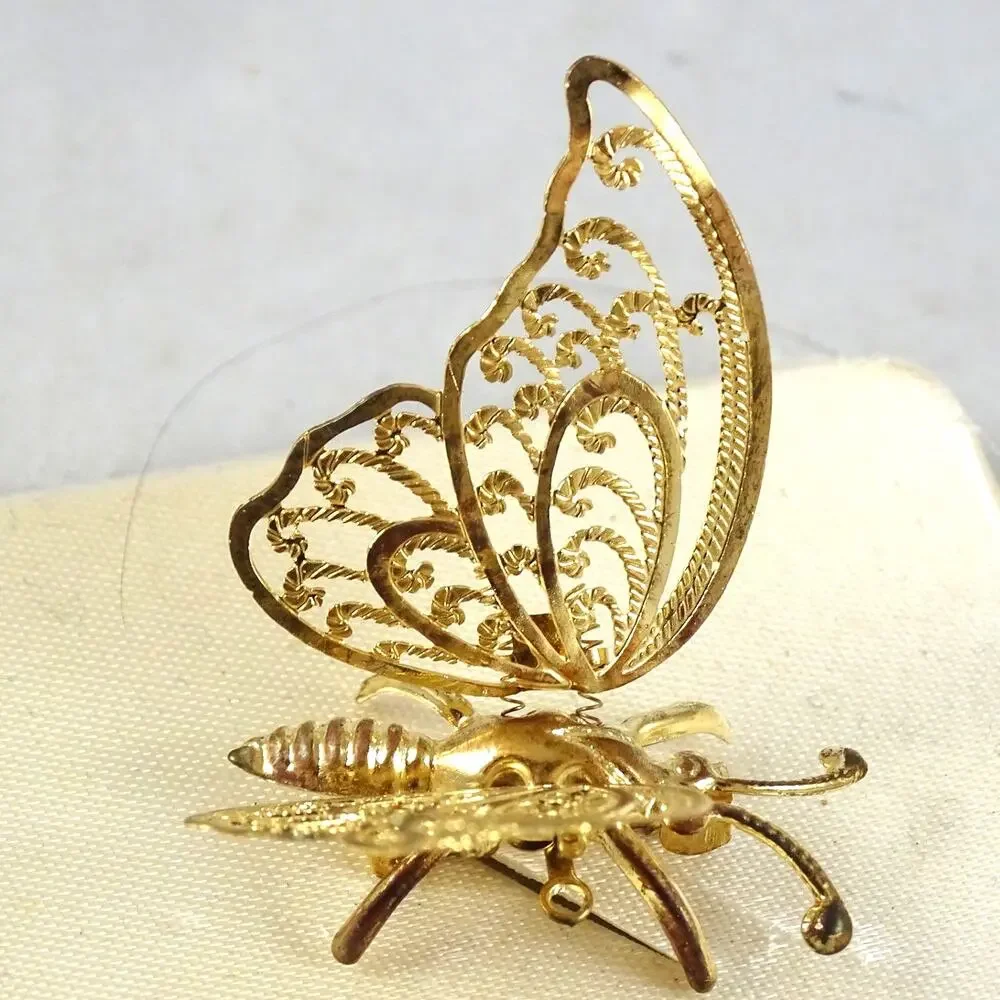 Vintage Gold Tone Trembler Butterfly Brooch | Movable Flutter Wings Spring Pin